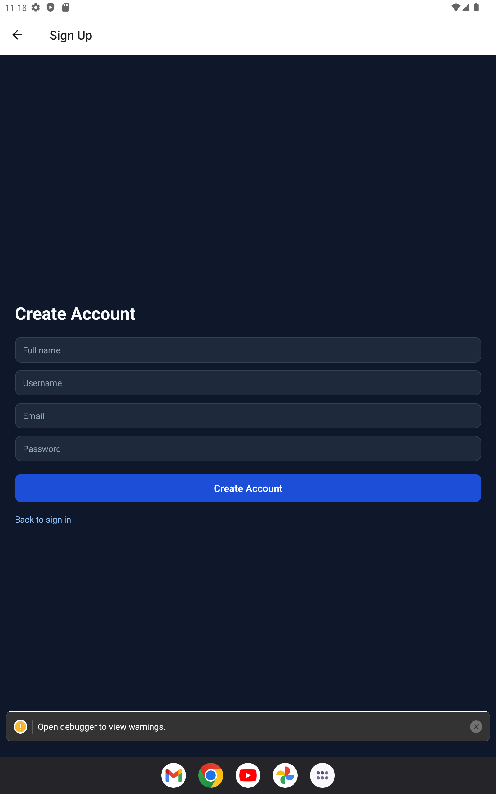 Sign-up screen screenshot